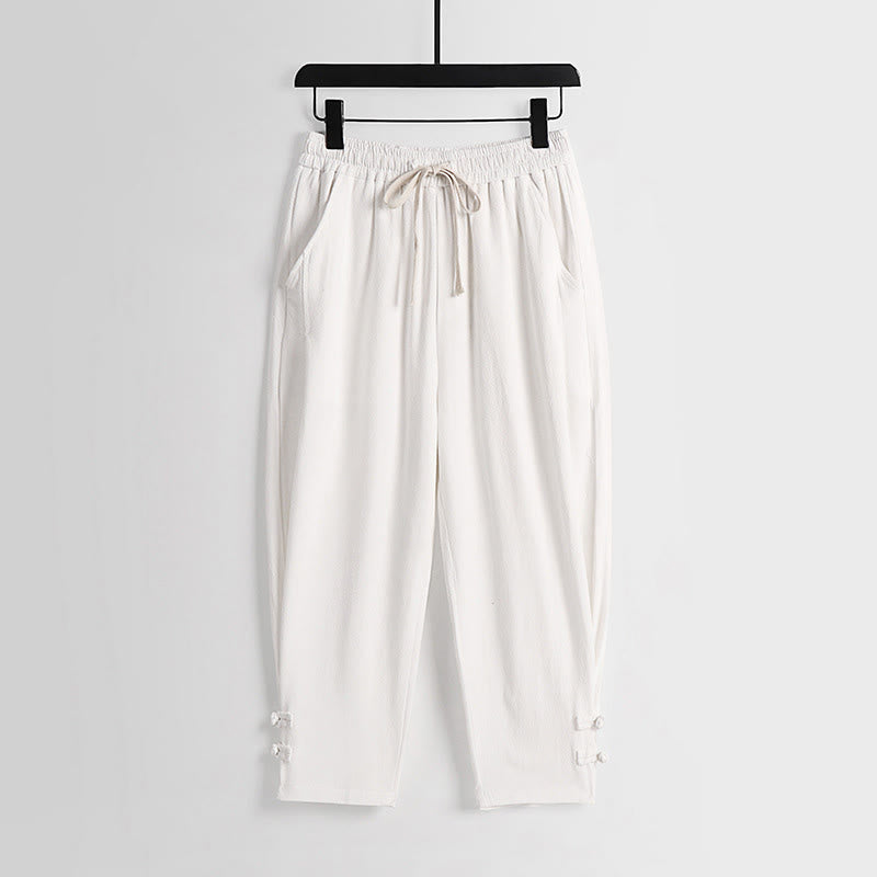 Buddha Stones Sommerliche Herrenhose aus Baumwoll-Leinen-Mischgewebe mit Kordelzug, elastischem Bund, Froschknopfverschluss und Knöchellänge, mit Taschen - Weiß - US/UK/AU54, EU64 (9XL) - image 13