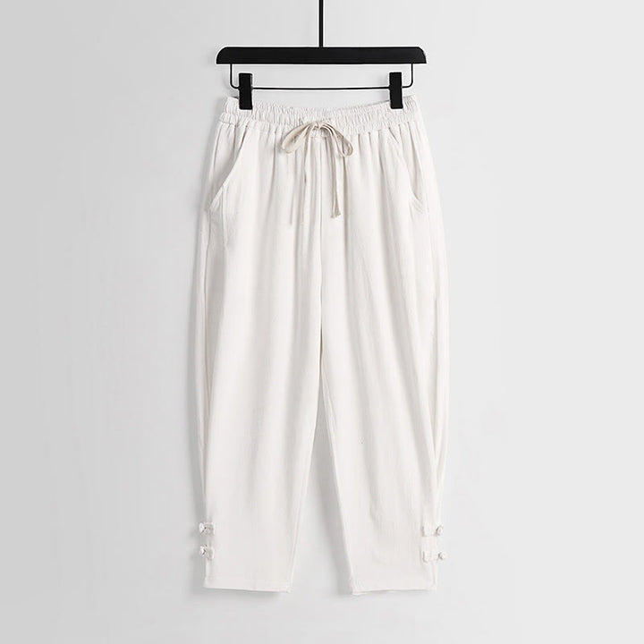 Buddha Stones Sommerliche Herrenhose aus Baumwoll-Leinen-Mischgewebe mit Kordelzug, elastischem Bund, Froschknopfverschluss und Knöchellänge, mit Taschen - Weiß - US/UK/AU54, EU64 (9XL) - image 13
