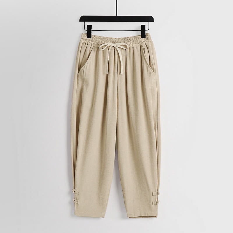 Buddha Stones Sommerliche Herrenhose aus Baumwoll-Leinen-Mischgewebe mit Kordelzug, elastischem Bund, Froschknopfverschluss und Knöchellänge, mit Taschen - Biskuit - US/UK/AU54, EU64 (9XL) - image 11