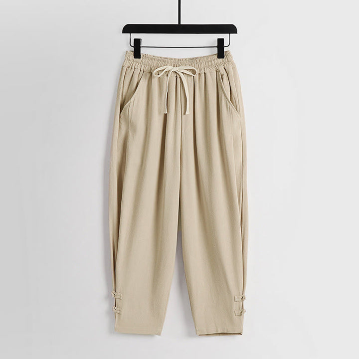 Buddha Stones Sommerliche Herrenhose aus Baumwoll-Leinen-Mischgewebe mit Kordelzug, elastischem Bund, Froschknopfverschluss und Knöchellänge, mit Taschen - Biskuit - US/UK/AU54, EU64 (9XL) - image 11