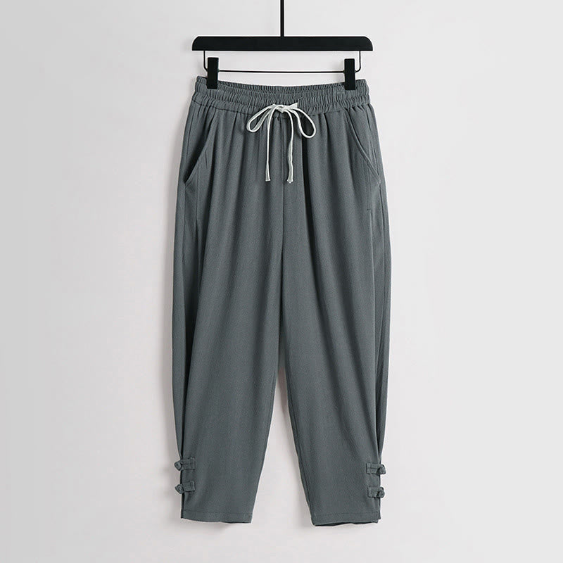 Buddha Stones Sommerliche Herrenhose aus Baumwoll-Leinen-Mischgewebe mit Kordelzug, elastischem Bund, Froschknopfverschluss und Knöchellänge, mit Taschen - Kadettenblau - US/UK/AU54, EU64 (9XL) - image 0