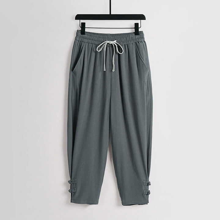 Buddha Stones Sommerliche Herrenhose aus Baumwoll-Leinen-Mischgewebe mit Kordelzug, elastischem Bund, Froschknopfverschluss und Knöchellänge, mit Taschen - Kadettenblau - US/UK/AU54, EU64 (9XL) - image 0