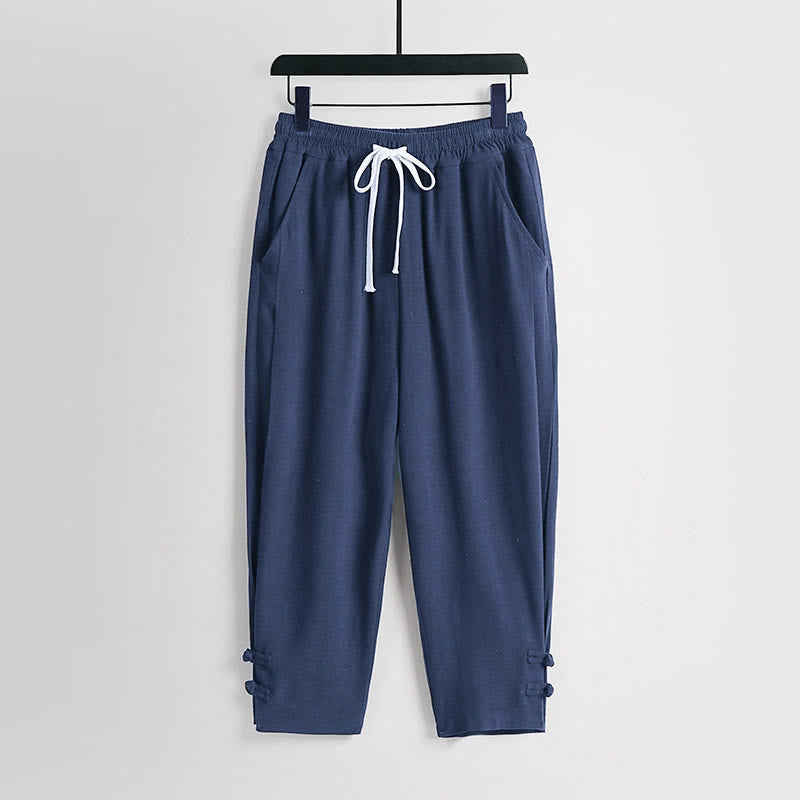 Buddha Stones Sommerliche Herrenhose aus Baumwoll-Leinen-Mischgewebe mit Kordelzug, elastischem Bund, Froschknopfverschluss und Knöchellänge, mit Taschen - SteelBlue - US/UK/AU54, EU64 (9XL) - image 12