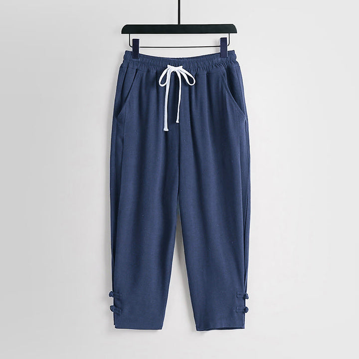Buddha Stones Sommerliche Herrenhose aus Baumwoll-Leinen-Mischgewebe mit Kordelzug, elastischem Bund, Froschknopfverschluss und Knöchellänge, mit Taschen - SteelBlue - US/UK/AU54, EU64 (9XL) - image 12