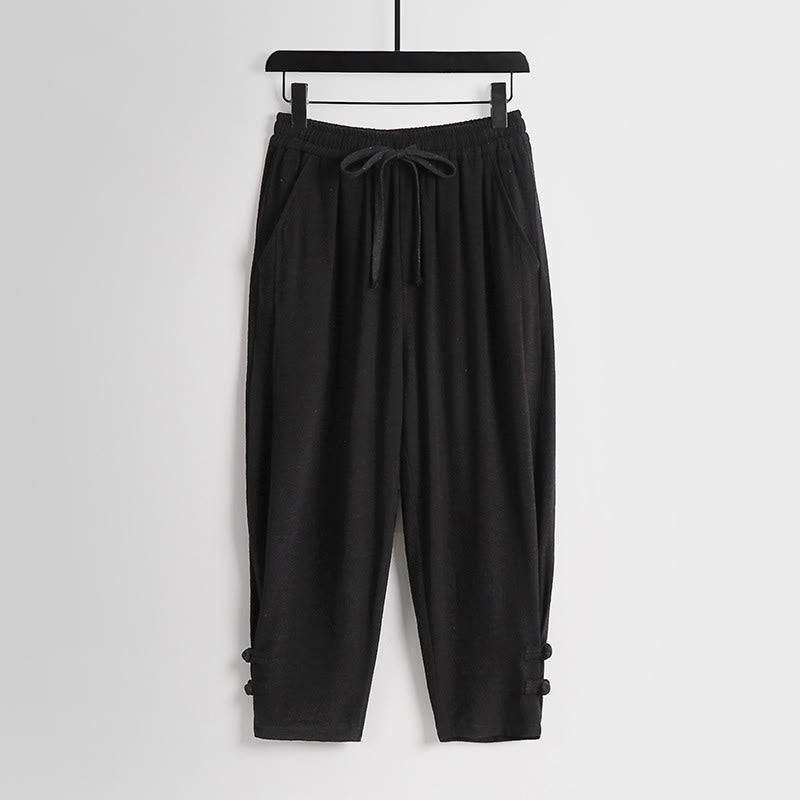 Buddha Stones Sommerliche Herrenhose aus Baumwoll-Leinen-Mischgewebe mit Kordelzug, elastischem Bund, Froschknopfverschluss und Knöchellänge, mit Taschen - Schwarz - US/UK/AU54, EU64 (9XL) - image 10