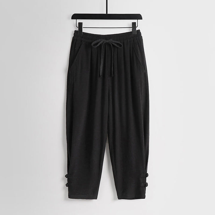 Buddha Stones Sommerliche Herrenhose aus Baumwoll-Leinen-Mischgewebe mit Kordelzug, elastischem Bund, Froschknopfverschluss und Knöchellänge, mit Taschen - Schwarz - US/UK/AU54, EU64 (9XL) - image 10