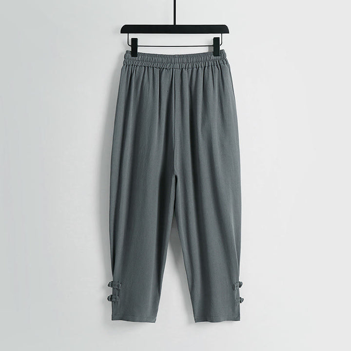 Buddha Stones Sommerliche Herrenhose aus Baumwoll-Leinen-Mischgewebe mit Kordelzug, elastischem Bund, Froschknopfverschluss und Knöchellänge, mit Taschen - image 1