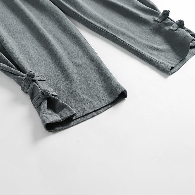 Buddha Stones Sommerliche Herrenhose aus Baumwoll-Leinen-Mischgewebe mit Kordelzug, elastischem Bund, Froschknopfverschluss und Knöchellänge, mit Taschen - image 8