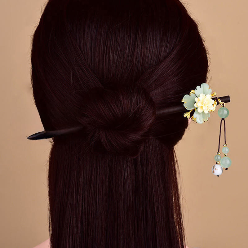 Buddha Stones Grün Gelb Weiß Blume Liuli Glas Holz Haarnadel - image 4