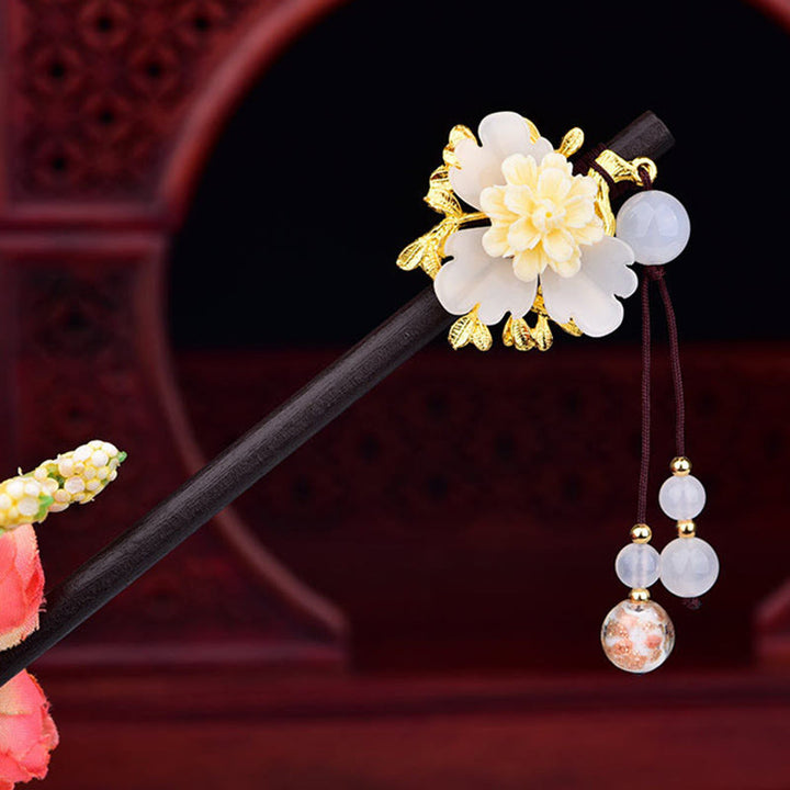 Buddha Stones Grün Gelb Weiß Blume Liuli Glas Holz Haarnadel - Weiß - image 7