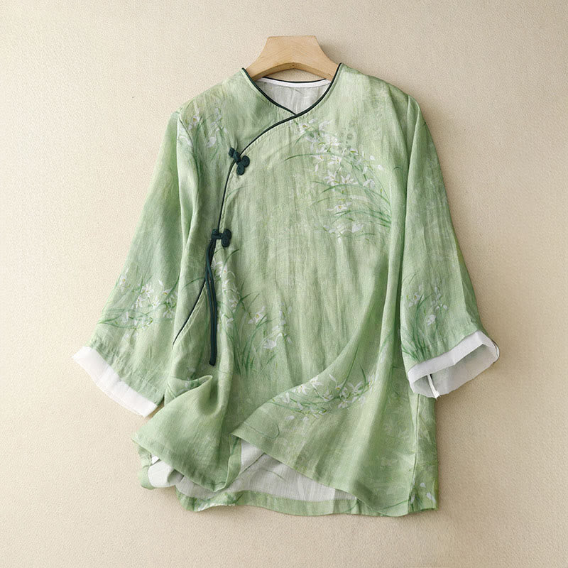 Buddha Stones Damenbluse mit weißem Orchideenmuster, roten Blumen, Froschknopfverschluss und Dreiviertelärmeln - Hellgrün - US14, UK/AU18, EU46 (2XL) - image 0