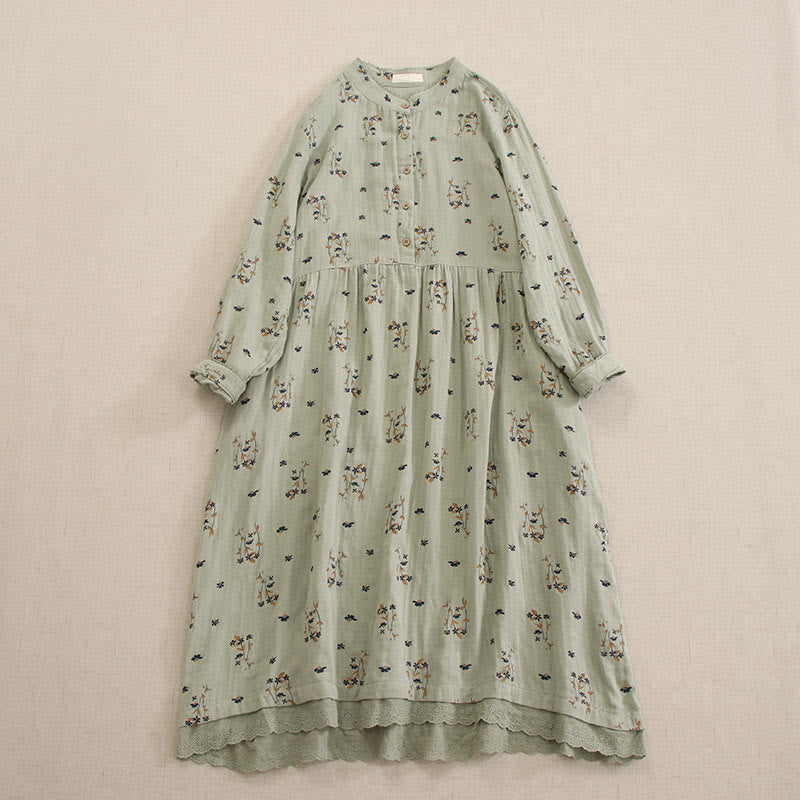 Buddha Stones Frühlingshaftes Midikleid mit kleinem Blumenmuster, Knöpfen, Rundhalsausschnitt, langen Ärmeln und Taschen - Dunkelmeergrün - US4-8/10, UK/AU8-12/14, EU36-40/42 (F) - image 8