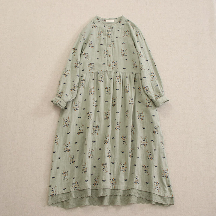 Buddha Stones Frühlingshaftes Midikleid mit kleinem Blumenmuster, Knöpfen, Rundhalsausschnitt, langen Ärmeln und Taschen - Dunkelmeergrün - US4-8/10, UK/AU8-12/14, EU36-40/42 (F) - image 8