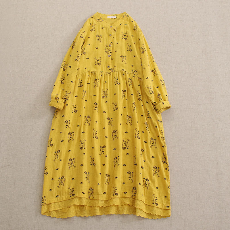 Buddha Stones Frühlingshaftes Midikleid mit kleinem Blumenmuster, Knöpfen, Rundhalsausschnitt, langen Ärmeln und Taschen - Gold - US4-8/10, UK/AU8-12/14, EU36-40/42 (F) - image 16