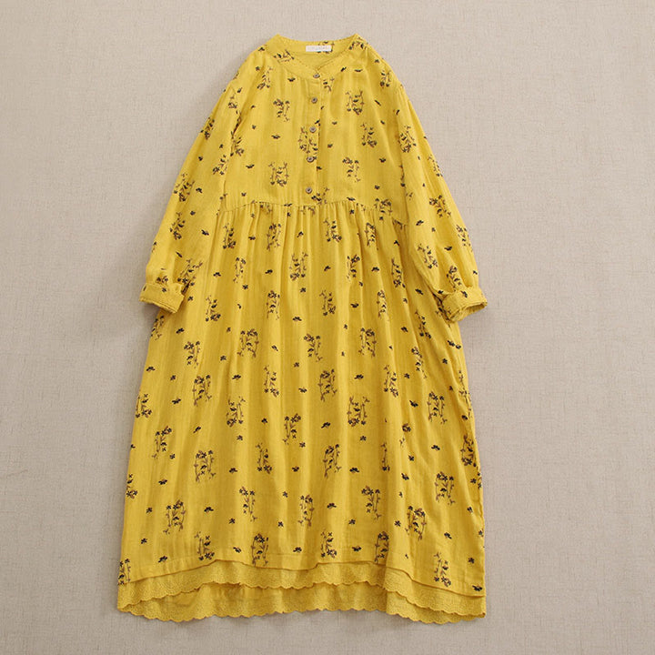 Buddha Stones Frühlingshaftes Midikleid mit kleinem Blumenmuster, Knöpfen, Rundhalsausschnitt, langen Ärmeln und Taschen - Gold - US4-8/10, UK/AU8-12/14, EU36-40/42 (F) - image 16