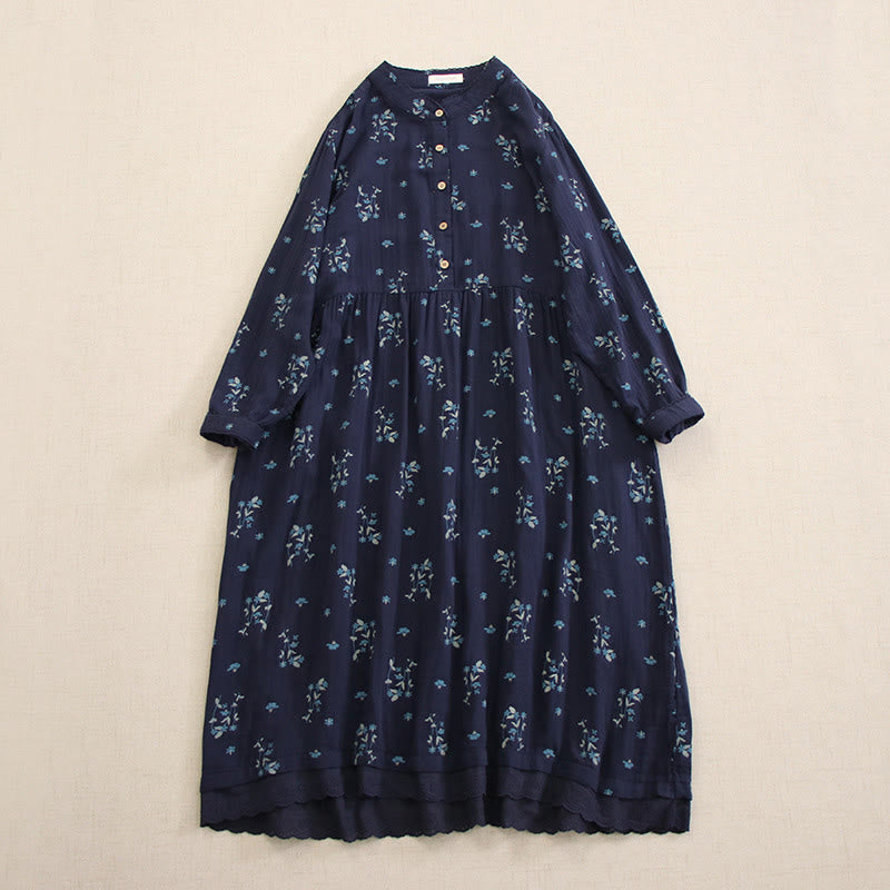 Buddha Stones Frühlingshaftes Midikleid mit kleinem Blumenmuster, Knöpfen, Rundhalsausschnitt, langen Ärmeln und Taschen - SteelBlue - US4-8/10, UK/AU8-12/14, EU36-40/42 (F) - image 0