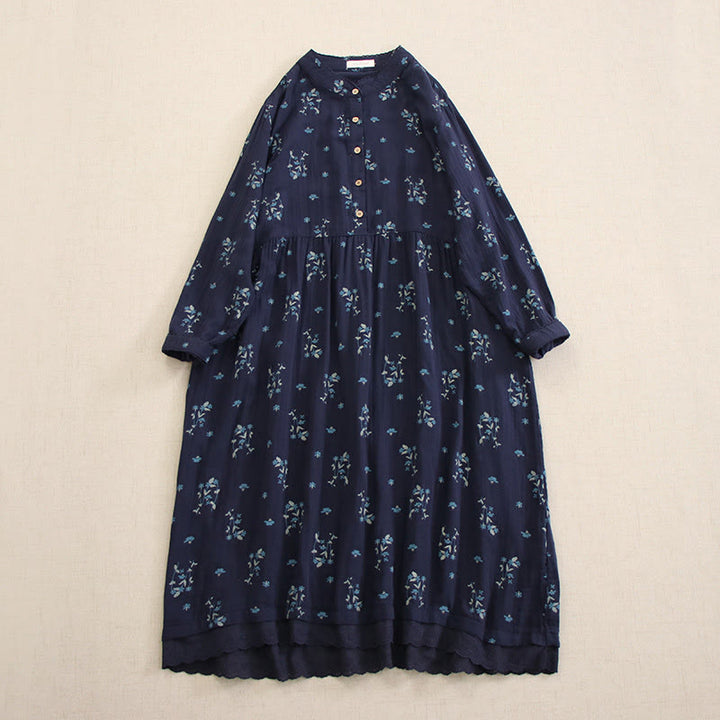 Buddha Stones Frühlingshaftes Midikleid mit kleinem Blumenmuster, Knöpfen, Rundhalsausschnitt, langen Ärmeln und Taschen - SteelBlue - US4-8/10, UK/AU8-12/14, EU36-40/42 (F) - image 0