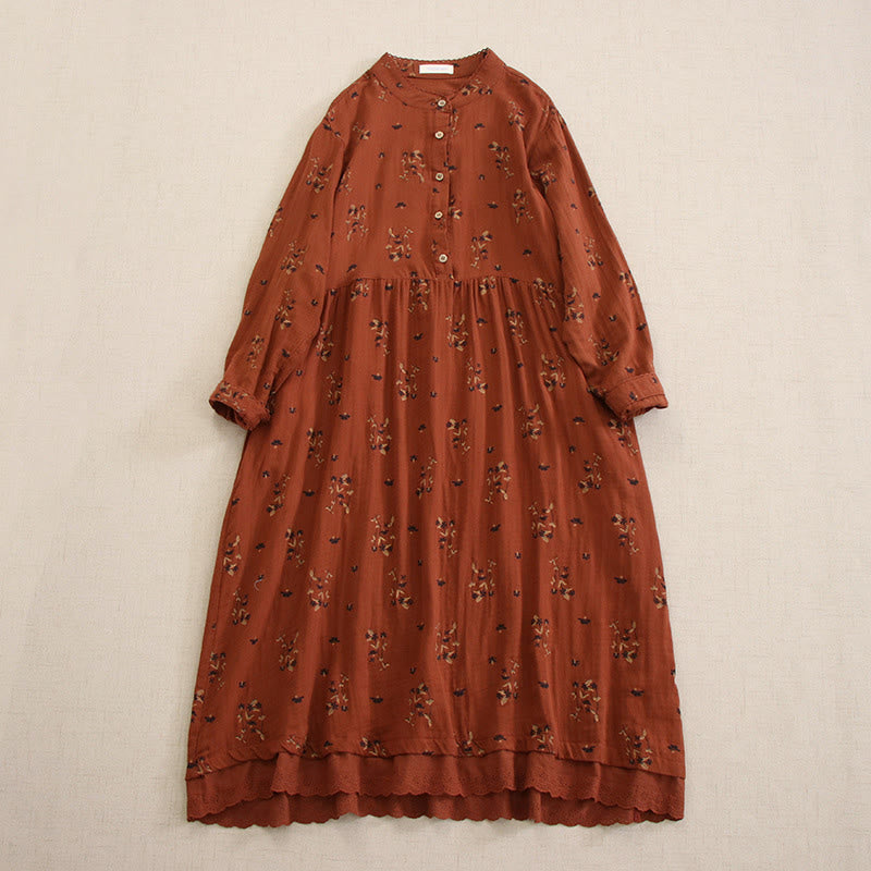 Buddha Stones Frühlingshaftes Midikleid mit kleinem Blumenmuster, Knöpfen, Rundhalsausschnitt, langen Ärmeln und Taschen - Feuerfestziegel - US4-8/10, UK/AU8-12/14, EU36-40/42 (F) - image 23