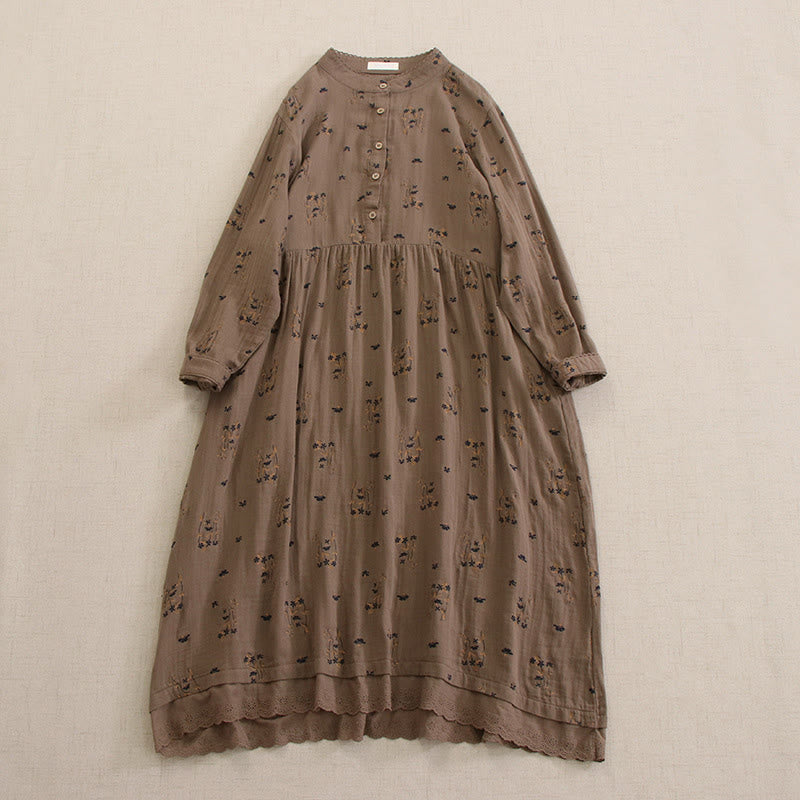 Buddha Stones Frühlingshaftes Midikleid mit kleinem Blumenmuster, Knöpfen, Rundhalsausschnitt, langen Ärmeln und Taschen - Bräunen - US4-8/10, UK/AU8-12/14, EU36-40/42 (F) - image 36