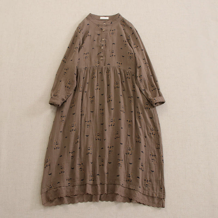 Buddha Stones Frühlingshaftes Midikleid mit kleinem Blumenmuster, Knöpfen, Rundhalsausschnitt, langen Ärmeln und Taschen - Bräunen - US4-8/10, UK/AU8-12/14, EU36-40/42 (F) - image 36