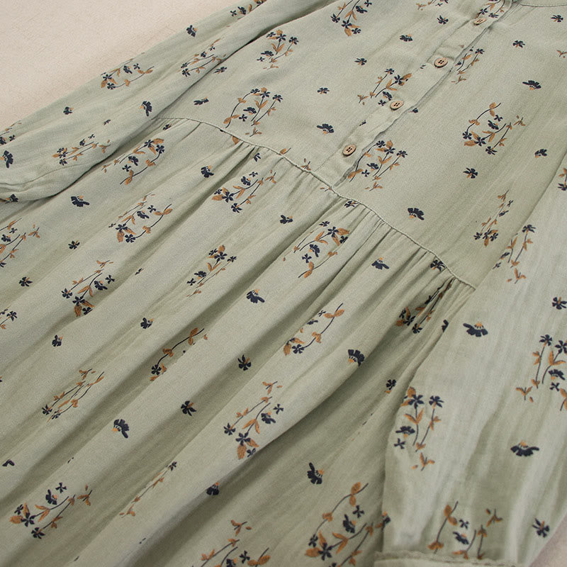 Buddha Stones Frühlingshaftes Midikleid mit kleinem Blumenmuster, Knöpfen, Rundhalsausschnitt, langen Ärmeln und Taschen - image 12