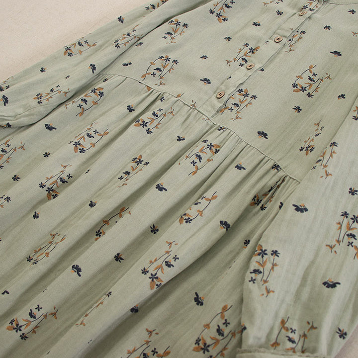 Buddha Stones Frühlingshaftes Midikleid mit kleinem Blumenmuster, Knöpfen, Rundhalsausschnitt, langen Ärmeln und Taschen - image 12