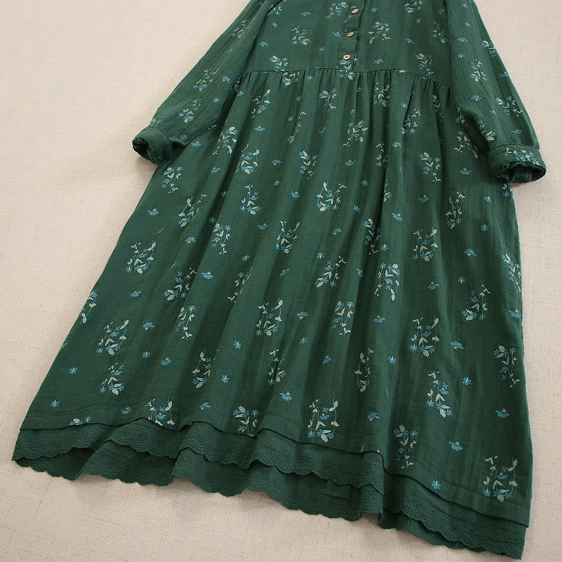 Buddha Stones Frühlingshaftes Midikleid mit kleinem Blumenmuster, Knöpfen, Rundhalsausschnitt, langen Ärmeln und Taschen - image 34
