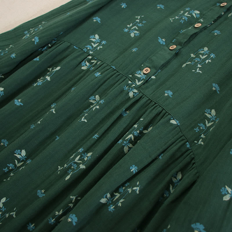 Buddha Stones Frühlingshaftes Midikleid mit kleinem Blumenmuster, Knöpfen, Rundhalsausschnitt, langen Ärmeln und Taschen - image 32