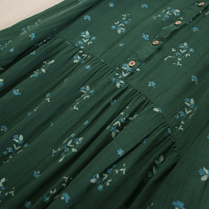 Buddha Stones Frühlingshaftes Midikleid mit kleinem Blumenmuster, Knöpfen, Rundhalsausschnitt, langen Ärmeln und Taschen - image 32