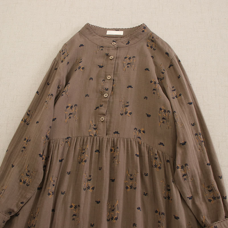 Buddha Stones Frühlingshaftes Midikleid mit kleinem Blumenmuster, Knöpfen, Rundhalsausschnitt, langen Ärmeln und Taschen - image 37