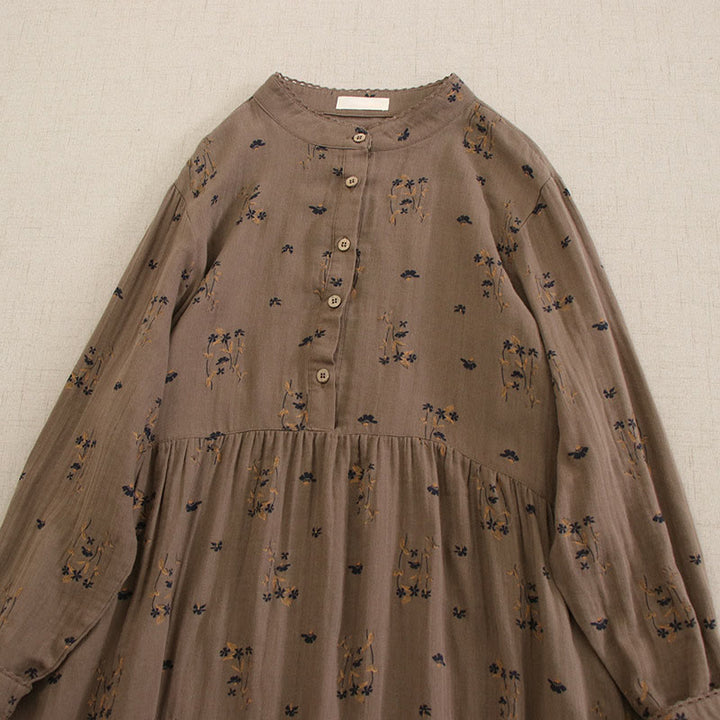 Buddha Stones Frühlingshaftes Midikleid mit kleinem Blumenmuster, Knöpfen, Rundhalsausschnitt, langen Ärmeln und Taschen - image 37
