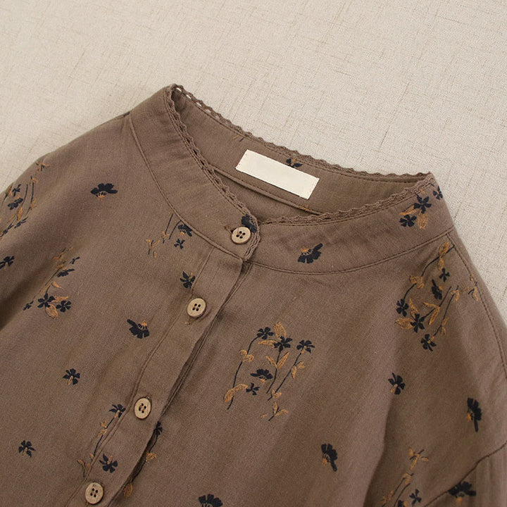 Buddha Stones Frühlingshaftes Midikleid mit kleinem Blumenmuster, Knöpfen, Rundhalsausschnitt, langen Ärmeln und Taschen - image 38