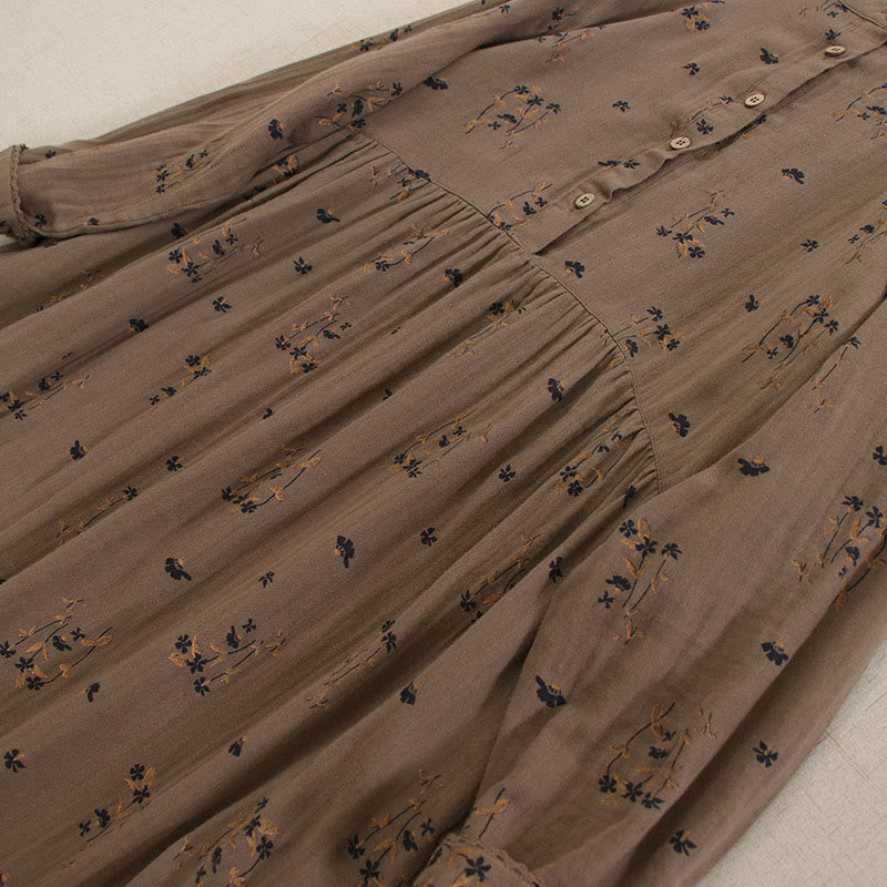 Buddha Stones Frühlingshaftes Midikleid mit kleinem Blumenmuster, Knöpfen, Rundhalsausschnitt, langen Ärmeln und Taschen - image 39