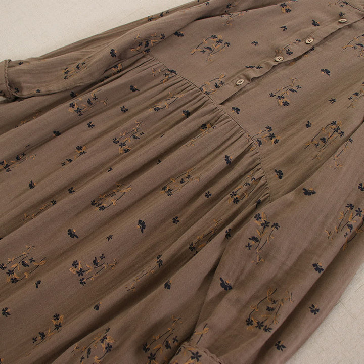 Buddha Stones Frühlingshaftes Midikleid mit kleinem Blumenmuster, Knöpfen, Rundhalsausschnitt, langen Ärmeln und Taschen - image 39