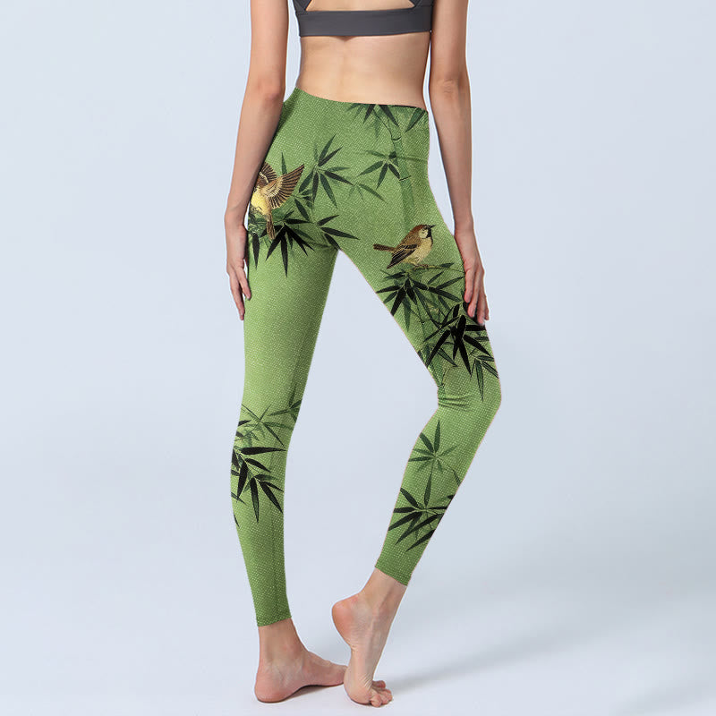 Buddha Stones Elegante Leggings mit Vogel- und Bambusblattmuster, Damen-Yogahosen - image 4