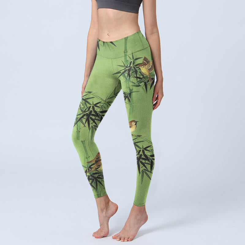 Buddha Stones Elegante Leggings mit Vogel- und Bambusblattmuster, Damen-Yogahosen - Gelbgrün - US18, UK/AU22, EU50 (4XL) - image 0