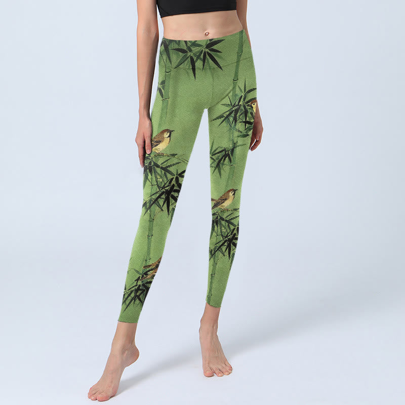 Buddha Stones Elegante Leggings mit Vogel- und Bambusblattmuster, Damen-Yogahosen - image 5