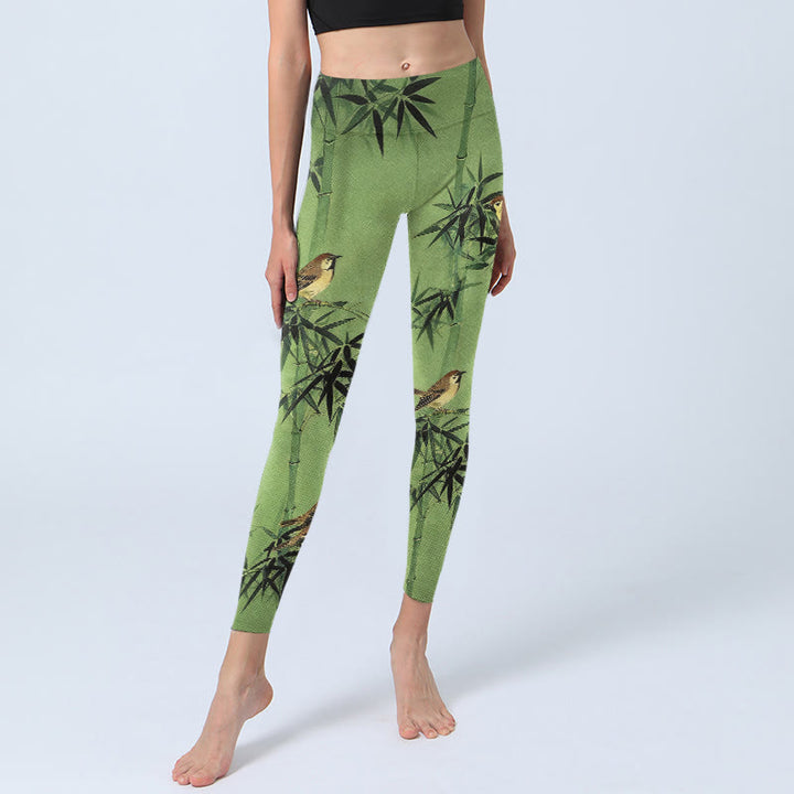 Buddha Stones Elegante Leggings mit Vogel- und Bambusblattmuster, Damen-Yogahosen - image 5