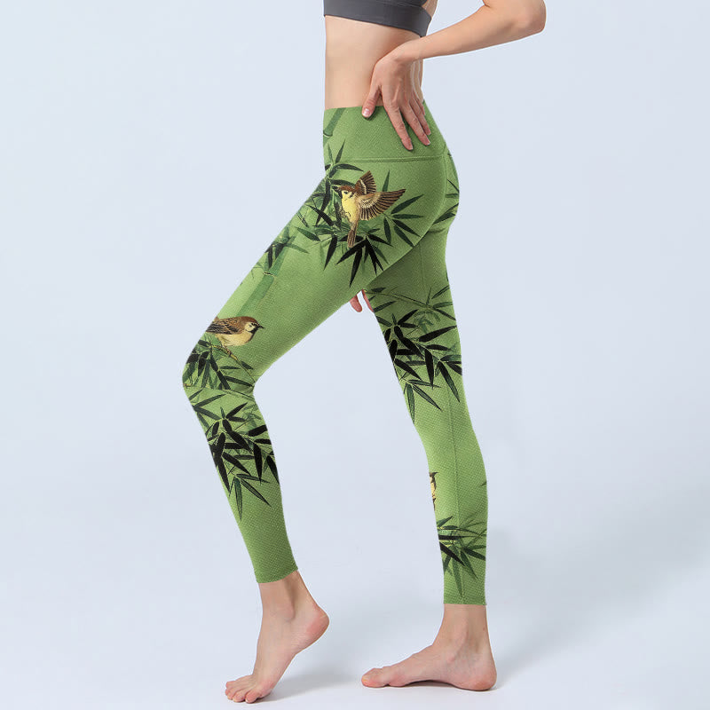 Buddha Stones Elegante Leggings mit Vogel- und Bambusblattmuster, Damen-Yogahosen - image 2