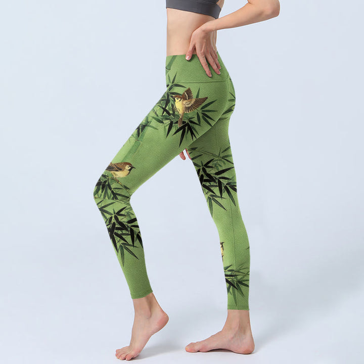 Buddha Stones Elegante Leggings mit Vogel- und Bambusblattmuster, Damen-Yogahosen - image 2