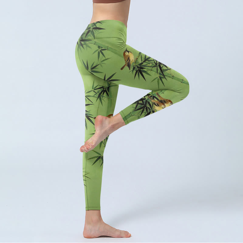 Buddha Stones Elegante Leggings mit Vogel- und Bambusblattmuster, Damen-Yogahosen - image 3