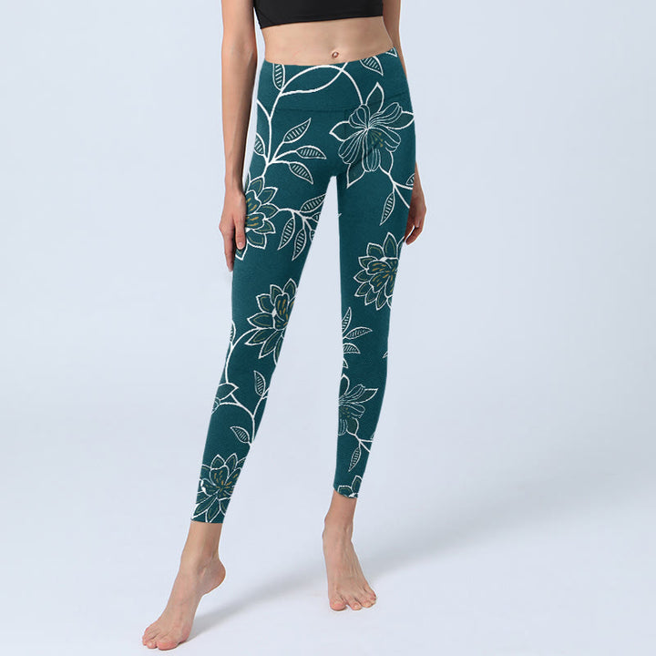 Buddha Stones Elegante Leggings mit Retro-Blumen- und Blättermuster, Damen-Yogahosen - image 5