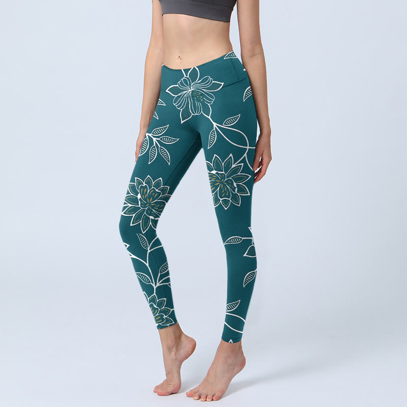 Buddha Stones Elegante Leggings mit Retro-Blumen- und Blättermuster, Damen-Yogahosen - Türkis - US18, UK/AU22, EU50 (4XL) - image 0