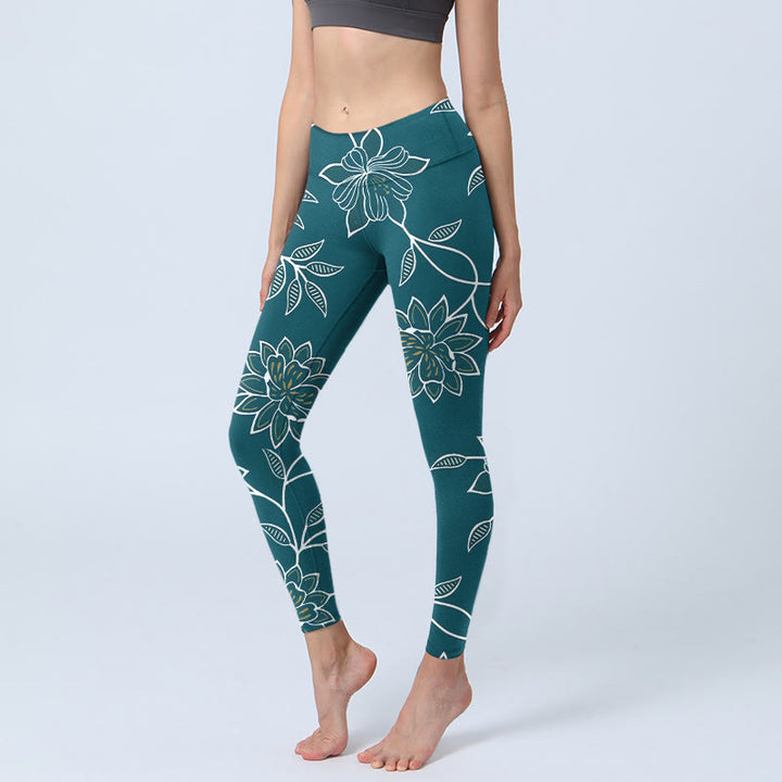 Buddha Stones Elegante Leggings mit Retro-Blumen- und Blättermuster, Damen-Yogahosen - Türkis - US18, UK/AU22, EU50 (4XL) - image 0