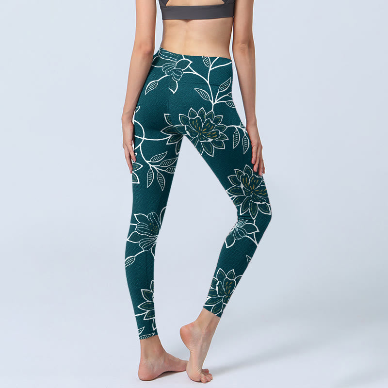 Buddha Stones Elegante Leggings mit Retro-Blumen- und Blättermuster, Damen-Yogahosen - image 4