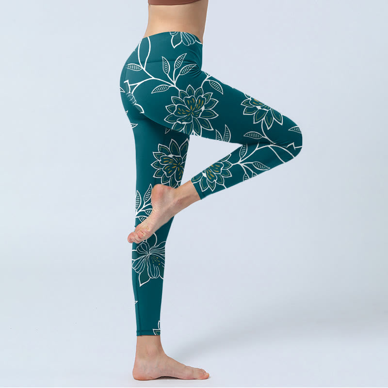 Buddha Stones Elegante Leggings mit Retro-Blumen- und Blättermuster, Damen-Yogahosen - image 3