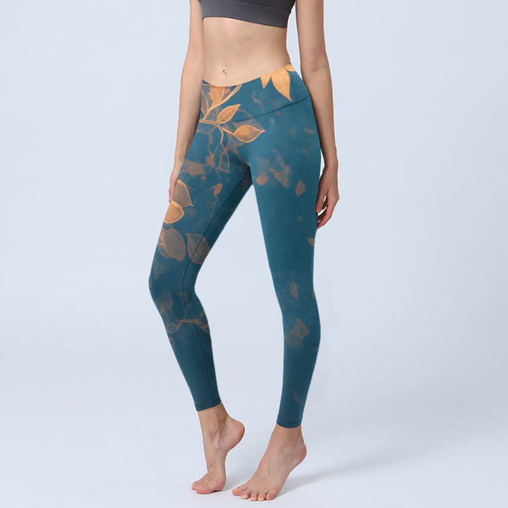 Buddha Stones Elegante Leggings mit Blattmuster – Damen-Yogahose - SteelBlue - US18, UK/AU22, EU50 (4XL) - image 0