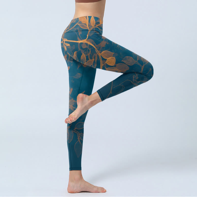 Buddha Stones Elegante Leggings mit Blattmuster – Damen-Yogahose - image 3