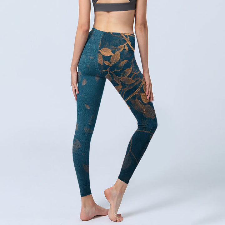 Buddha Stones Elegante Leggings mit Blattmuster – Damen-Yogahose - image 4