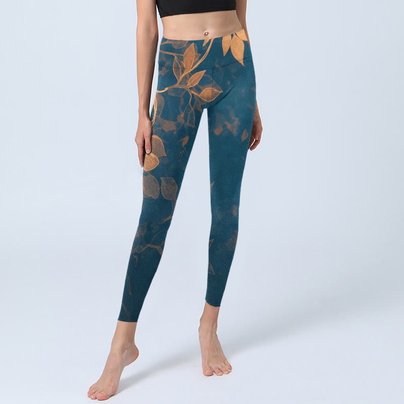 Buddha Stones Elegante Leggings mit Blattmuster – Damen-Yogahose - image 5